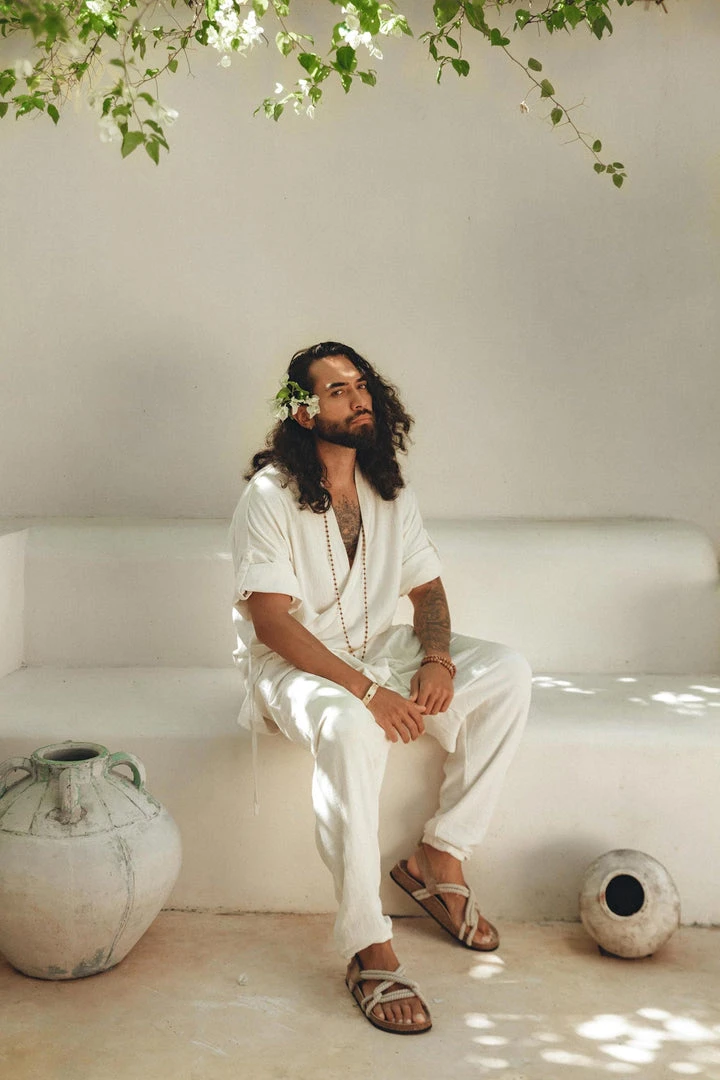 AYA Sacred Wear On Sale Off-White Tribal Kimono Robe For Men 7 AYA Sacred Wear On Sale Off-White Tribal Kimono Robe For Men