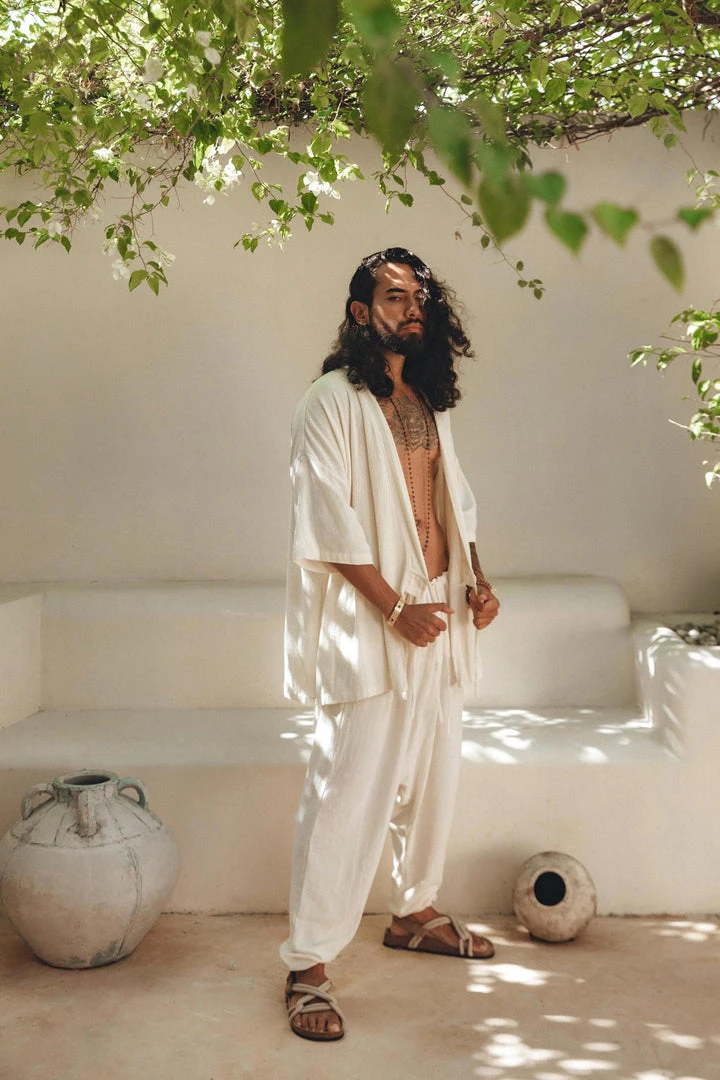 AYA Sacred Wear On Sale Off-White Tribal Kimono Robe For Men 11 AYA Sacred Wear On Sale Off-White Tribal Kimono Robe For Men