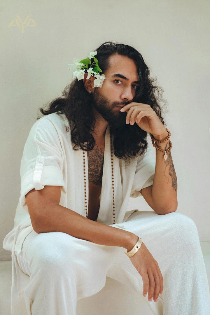 AYA Sacred Wear On Sale Off-White Tribal Kimono Robe For Men 3 AYA Sacred Wear On Sale Off-White Tribal Kimono Robe For Men