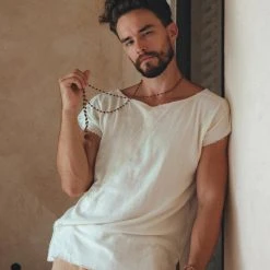 AYA Sacred Wear On Sale White Raw Edge Thick Cotton Top Tee For Men