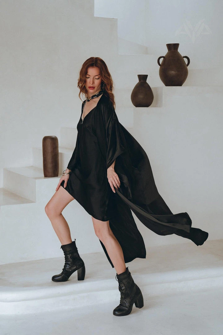 Jimmy Wide Sleeve Bohemian Kaftan Cardigan • Black Peace Silk Kimono Robe