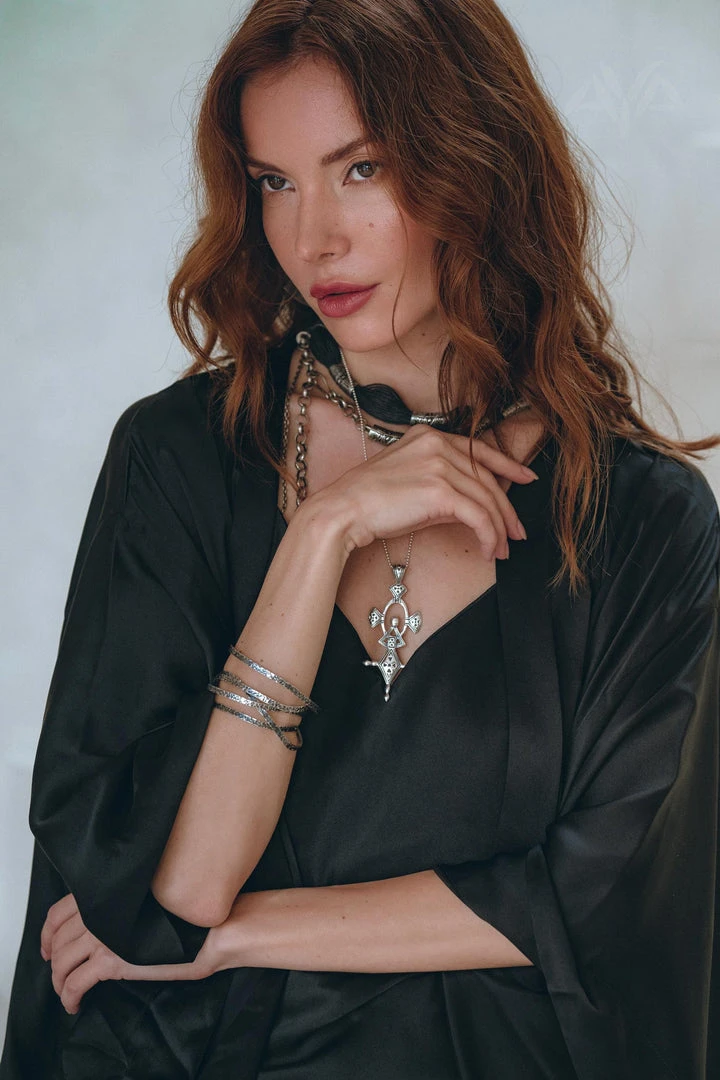 Jimmy Wide Sleeve Bohemian Kaftan Cardigan • Black Peace Silk Kimono Robe