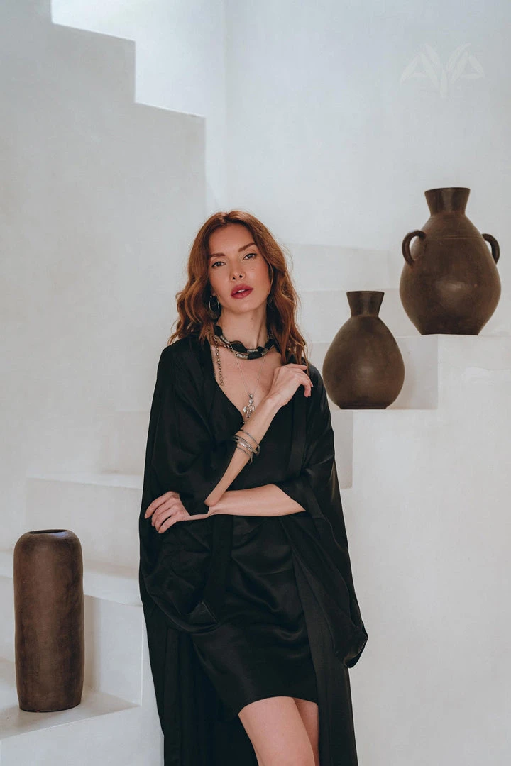 Jimmy Wide Sleeve Bohemian Kaftan Cardigan • Black Peace Silk Kimono Robe