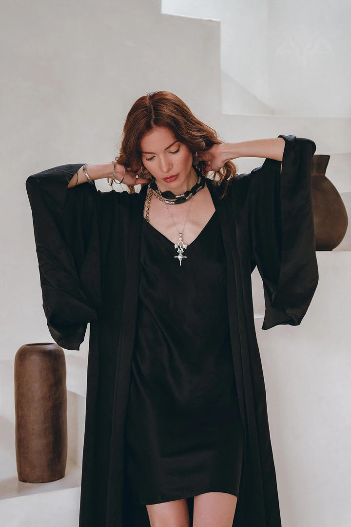 Jimmy Wide Sleeve Bohemian Kaftan Cardigan • Black Peace Silk Kimono Robe