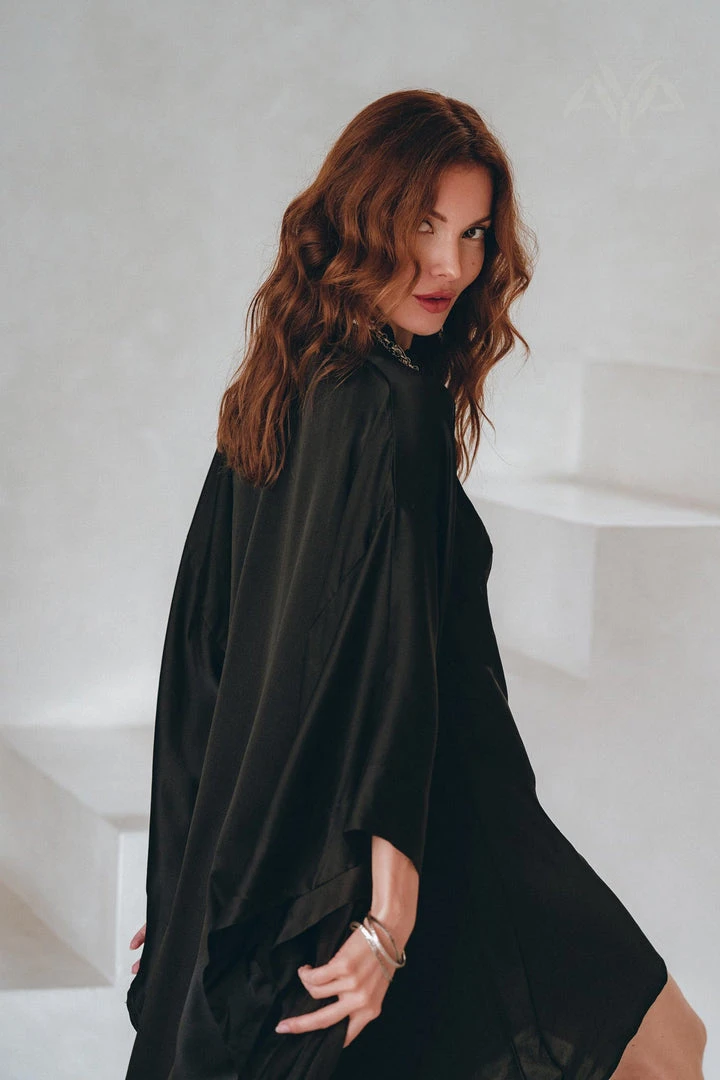 Jimmy Wide Sleeve Bohemian Kaftan Cardigan • Black Peace Silk Kimono Robe