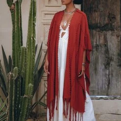 Jimmy Red Poncho Robe • Boho Cape For Women • Bohemian Kimono Overcoat New Collection