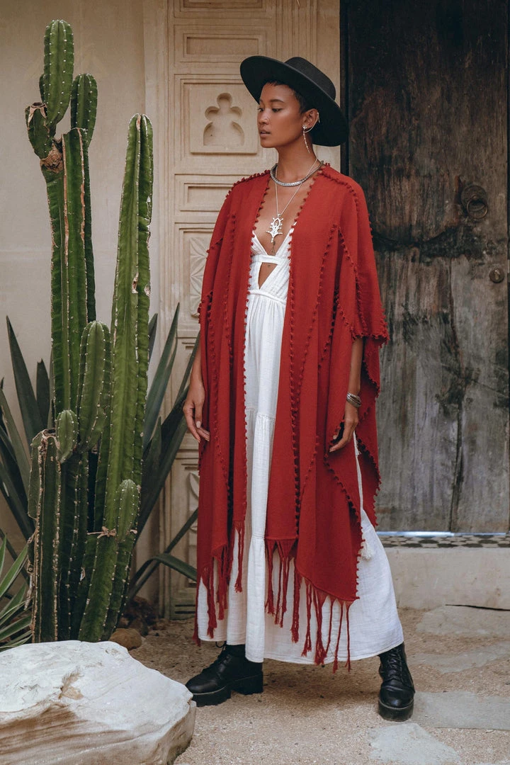 Jimmy Red Poncho Robe • Boho Cape For Women • Bohemian Kimono Overcoat New Collection